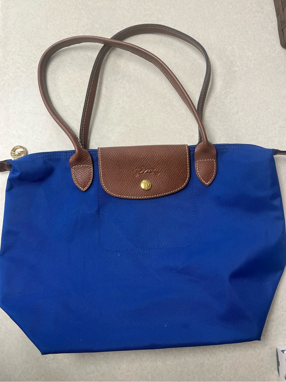 LONGCHAMP - Medium Tote in Blue with Brown Leather Trim